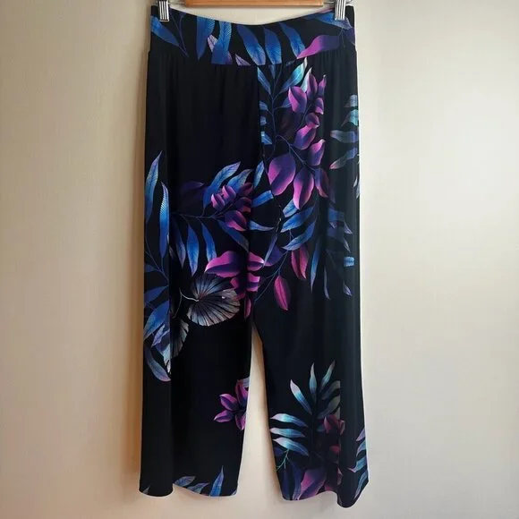 Clara Sun Woo Womens Wide Leg Crop Palazzo Pants Tropical Floral Pull On Size M - Picture 6 of 10